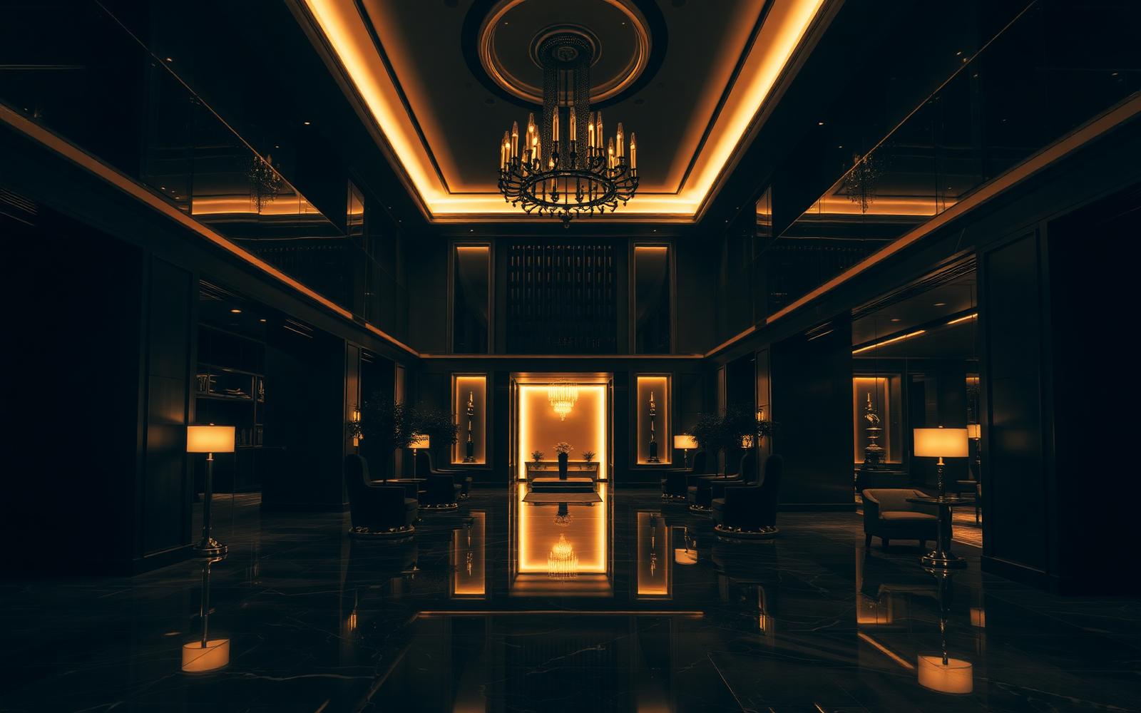 Lobby eines Luxushotels mit warmer Abendbeleuchtung